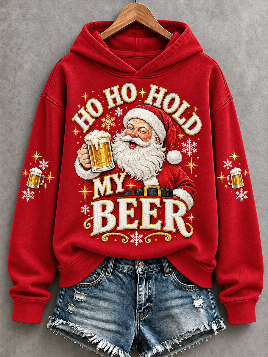 Women's Funny Christmas Santa Claus Drink Beer Print Casual Hoodie