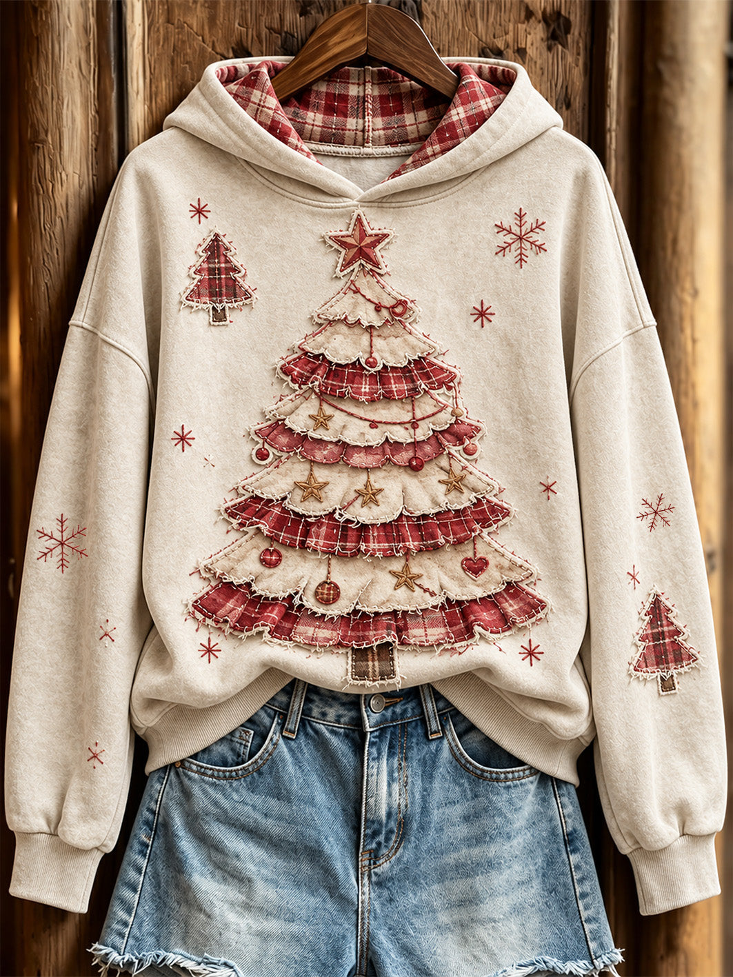 Women's Retro Christmas Tree Patchwork Pattern Design Casual Hoodie