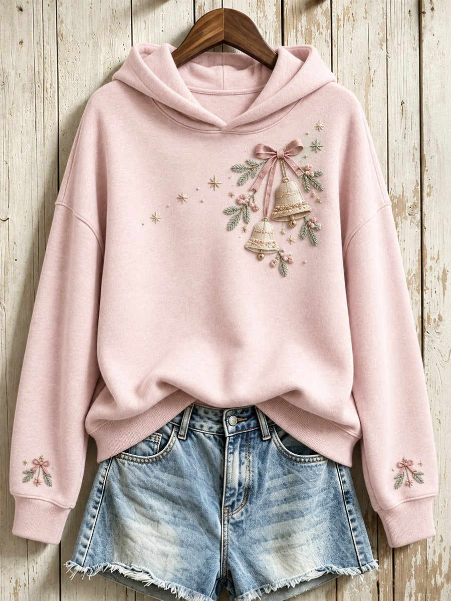 Women's Vintage Christmas Bells with Pink Bow Print Hoodie