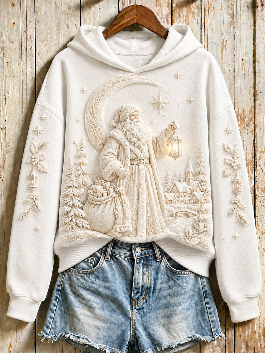 Women's Vintage Classy Christmas Snowy Santa Claus Relief Art Print Hoodie
