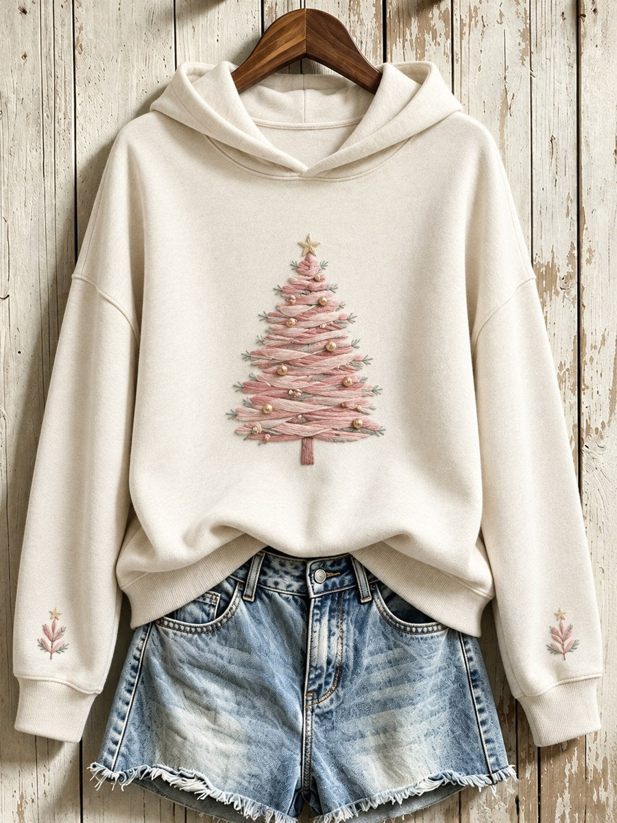 Women's Vintage Pink Christmas Tree Print Hoodie