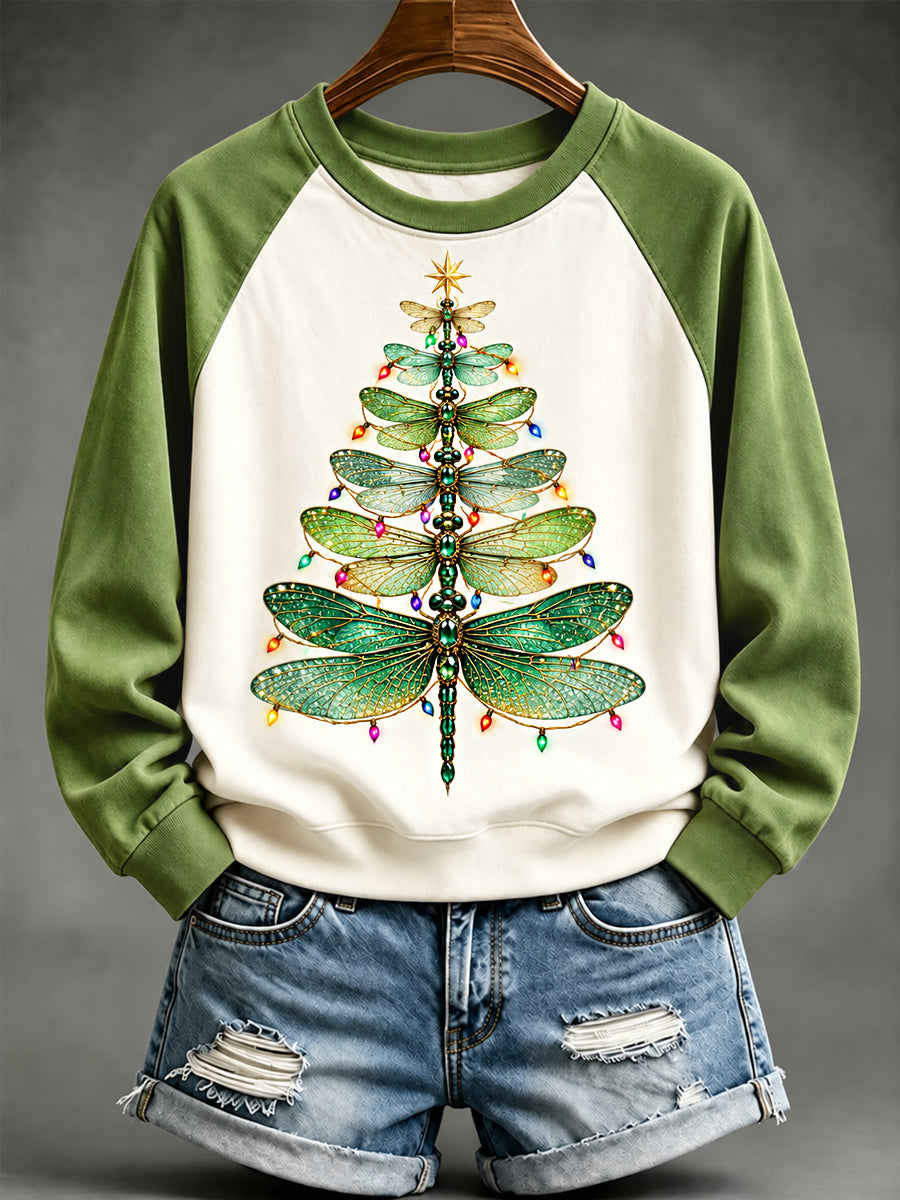 Women's Beautiful Dragonfly Christmas Tree Print Casual Sweatshirt