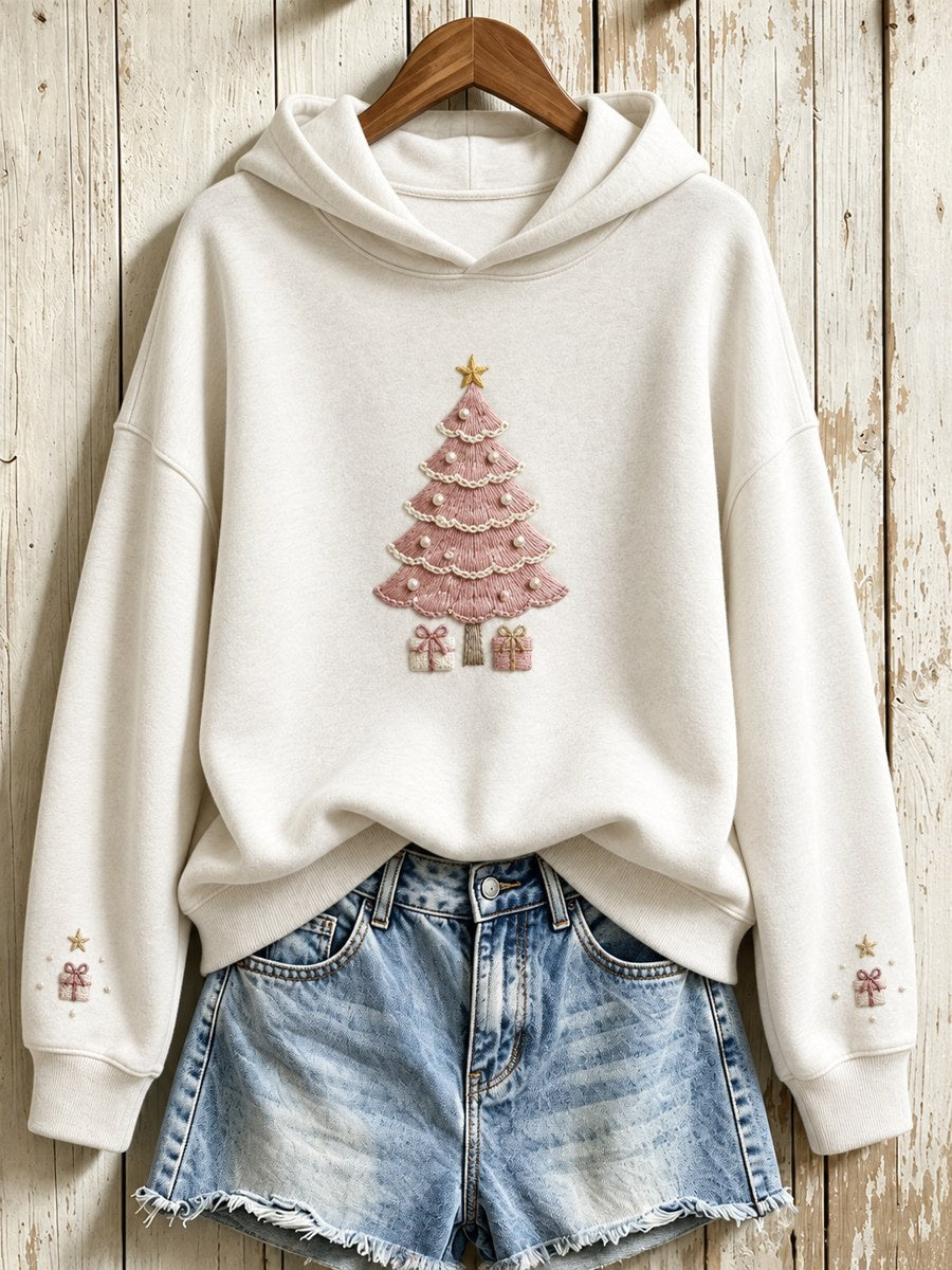 Women's Vintage Pink Christmas Tree Print Hoodie