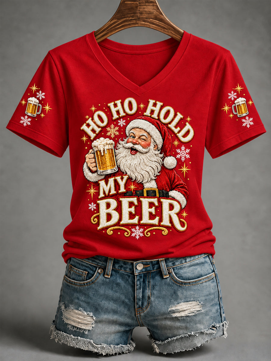 Women's Funny Christmas Santa Claus Drink Beer Print Casual V-Neck Tee