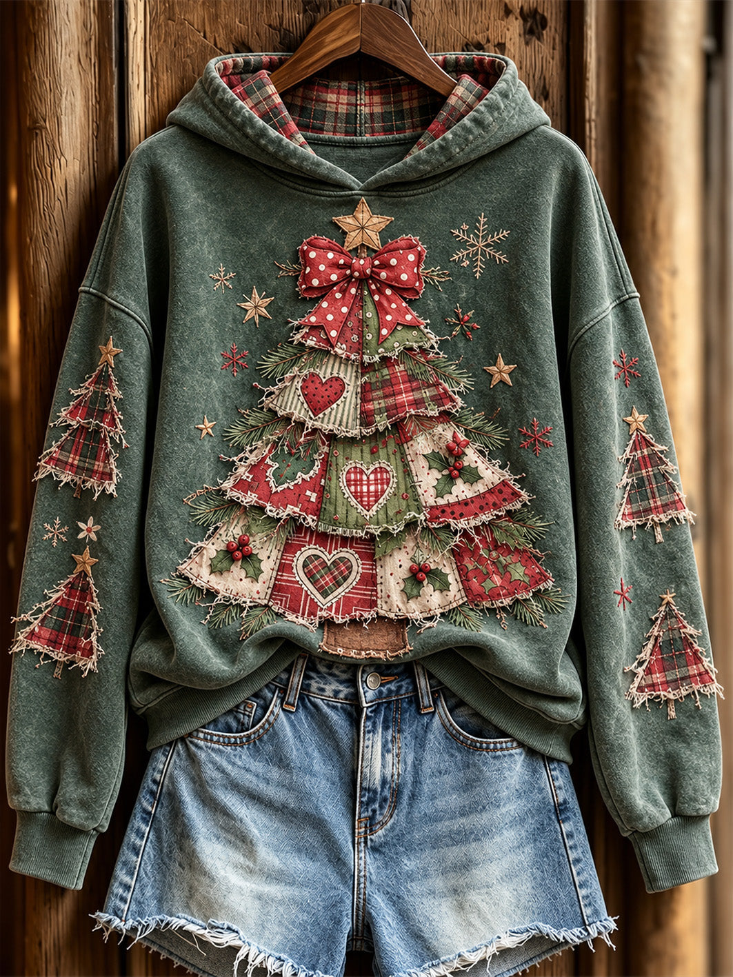 Women's Retro Christmas Tree Patchwork Pattern Design Casual Hoodie