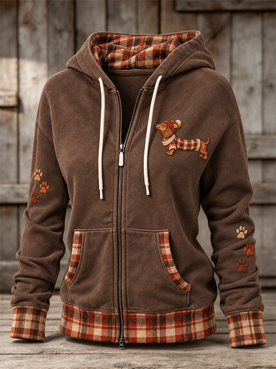 Women's Vintage Plaid Dachshund Dog & Paws Print Comfy Zip-Up Hoodie