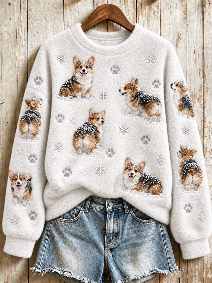 Women's Snowy Winter Corgi Dogs in the Snow Print Flannel Sweatshirt