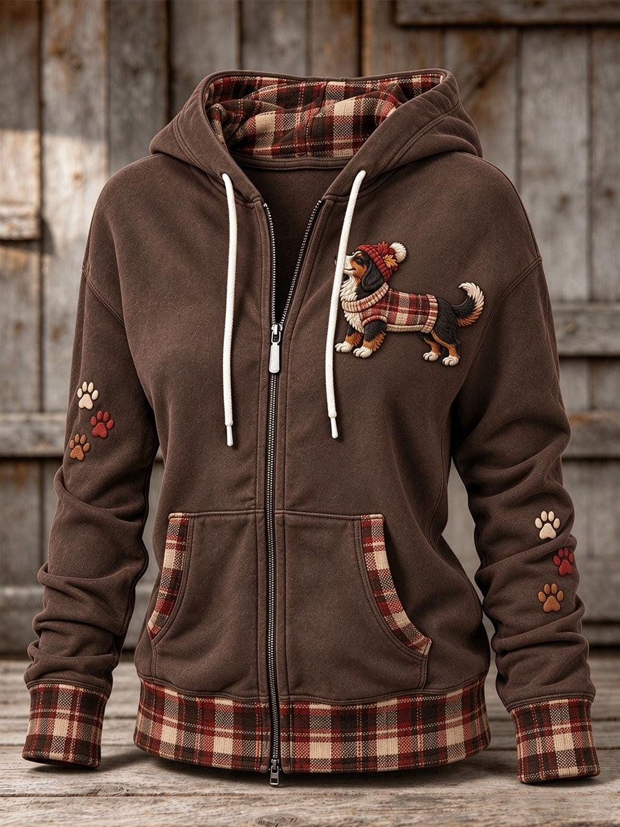 Women's Vintage Plaid Bernese Mountain Dog & Paws Print Comfy Zip-Up Hoodie