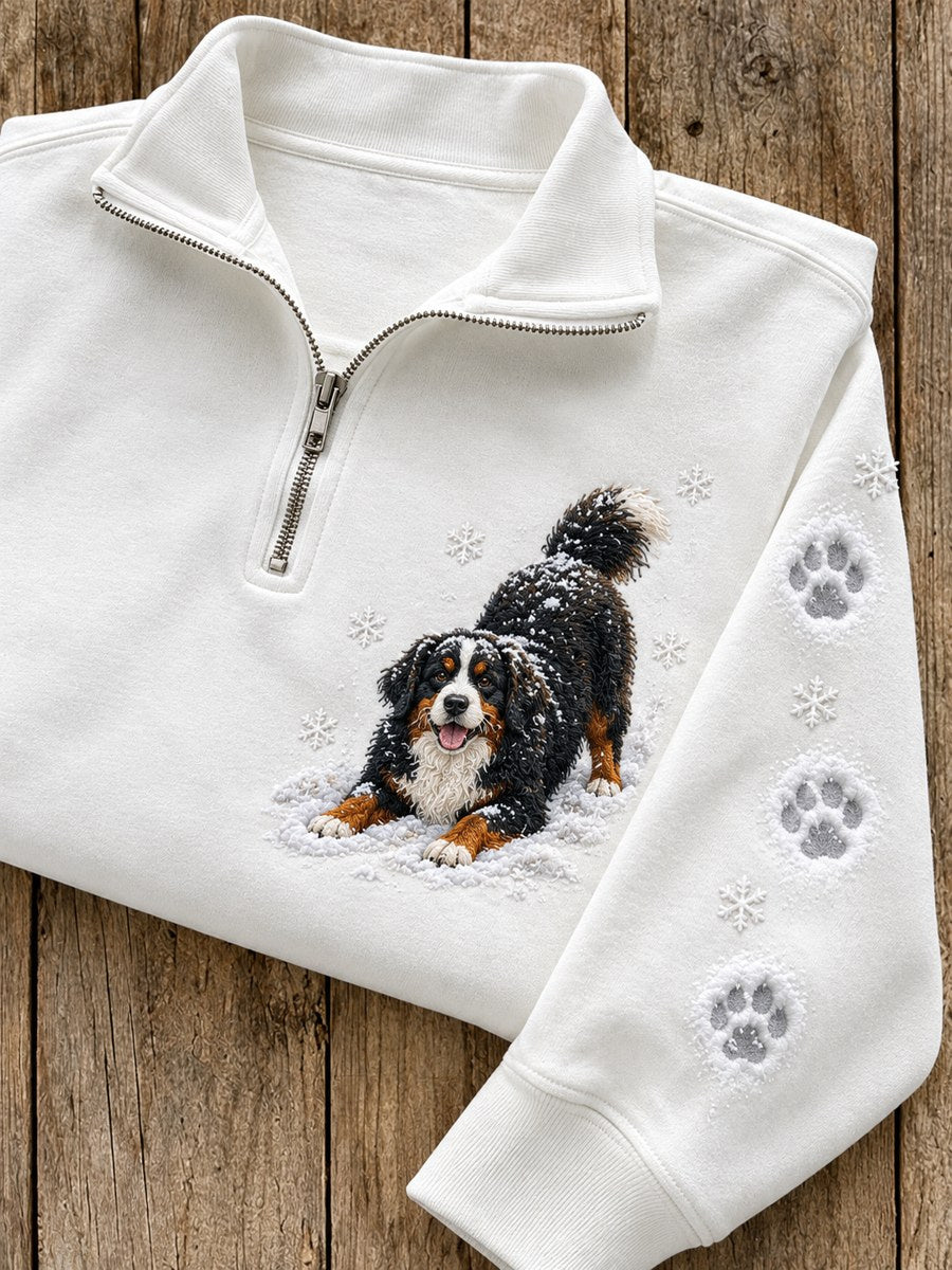Women's Snowy Winter Bernese Mountain Dog In the Snow Print Zip Up Sweatshirt
