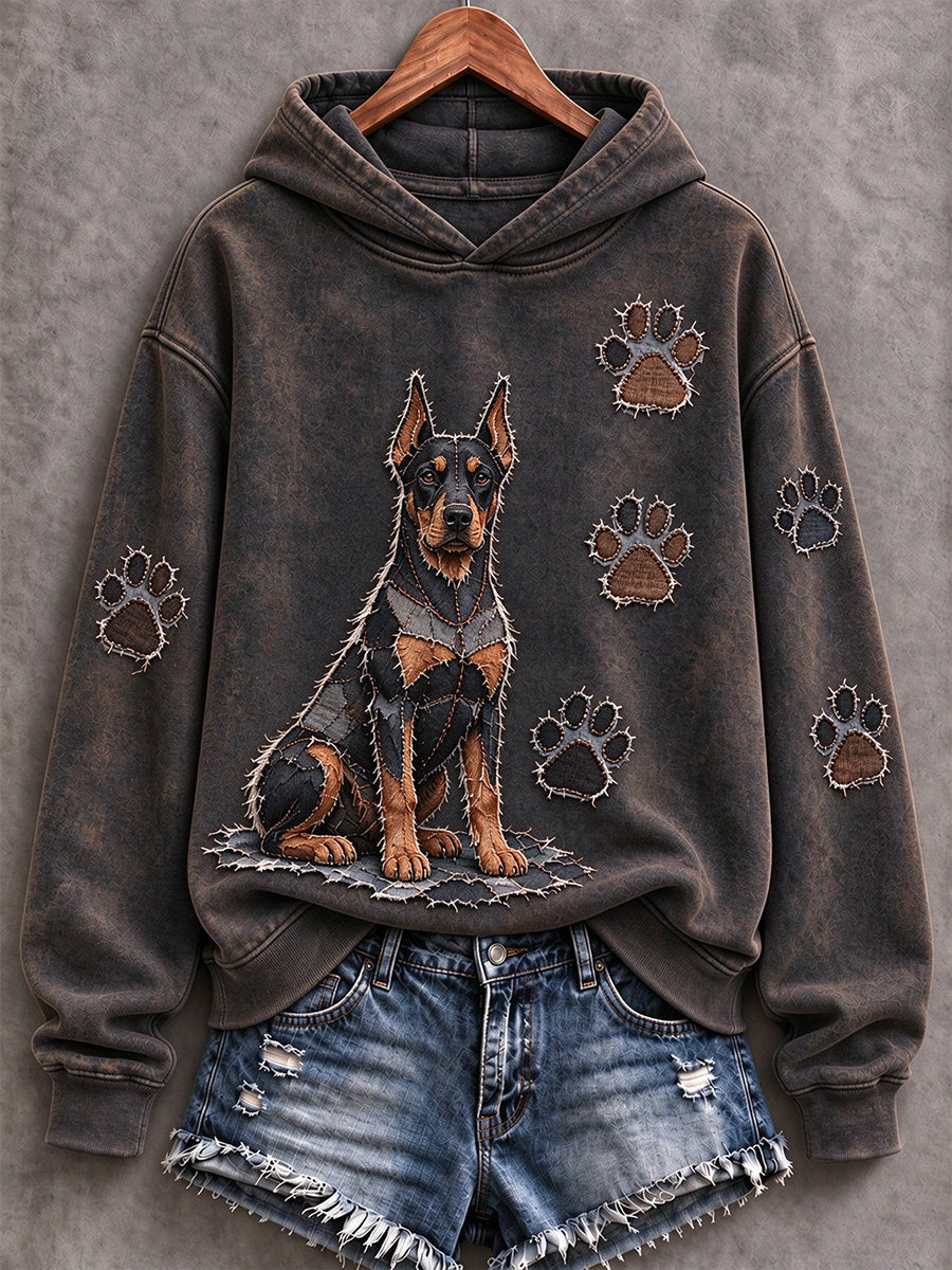 Women's Doberman Pinscher & Paw Prints Patchwork Print Casual Hoodie