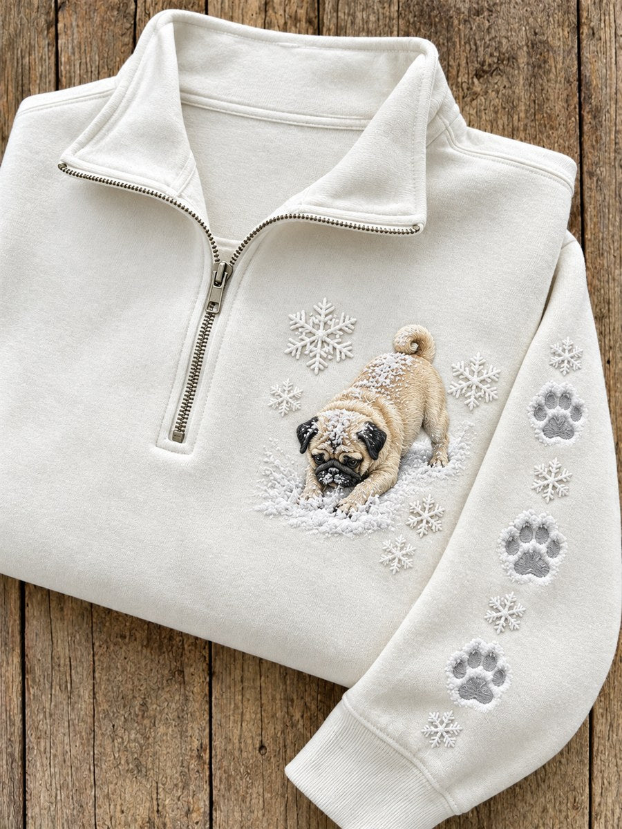 Women's Snowy Winter Pug Dog In the Snow Print Zip Up Sweatshirt