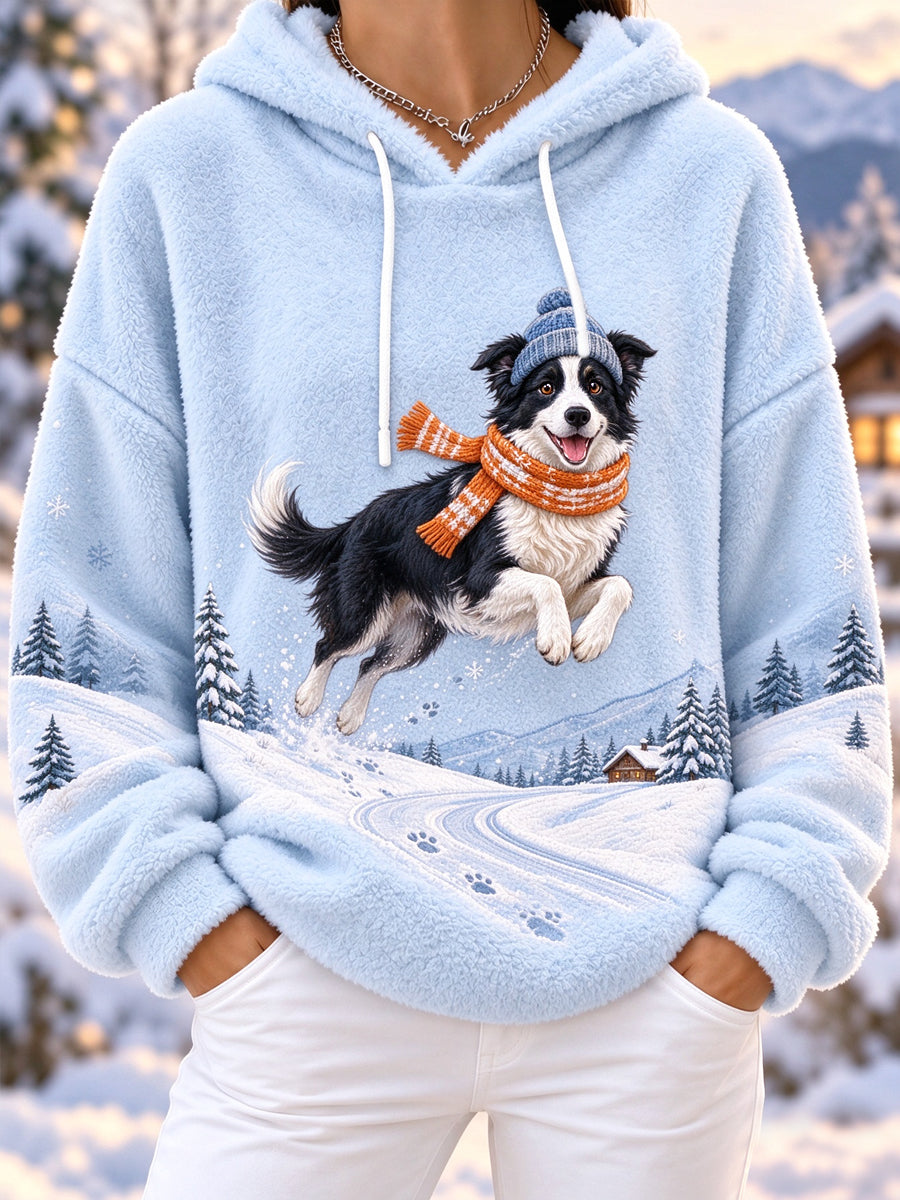 Women's Cute Winter Border Collie Print Dog Lovers Casual Flannel Hoodie