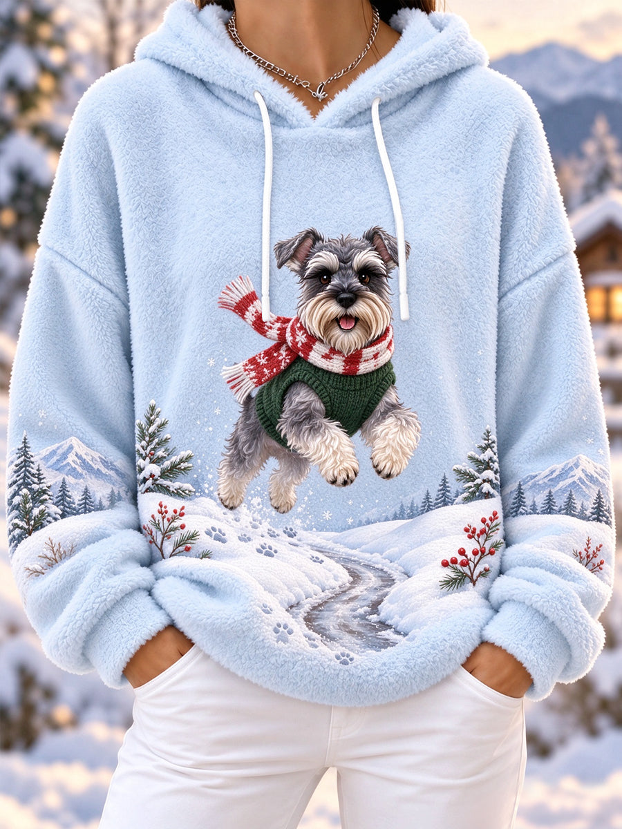 Women's Cute Winter Schnauzer Print Dog Lovers Casual Flannel Hoodie