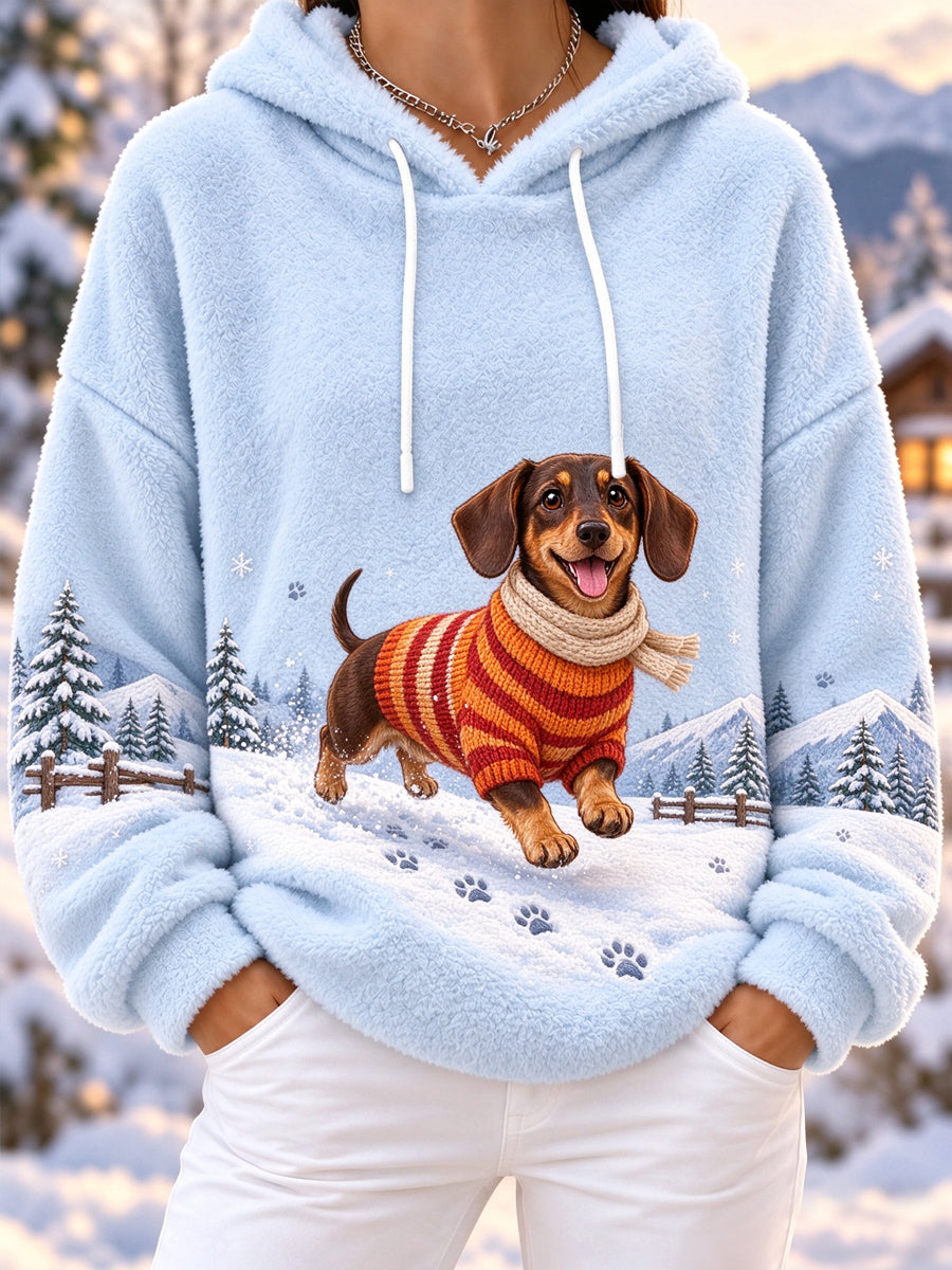 Women's Cute Winter Dachshund Print Dog Lovers Casual Flannel Hoodie