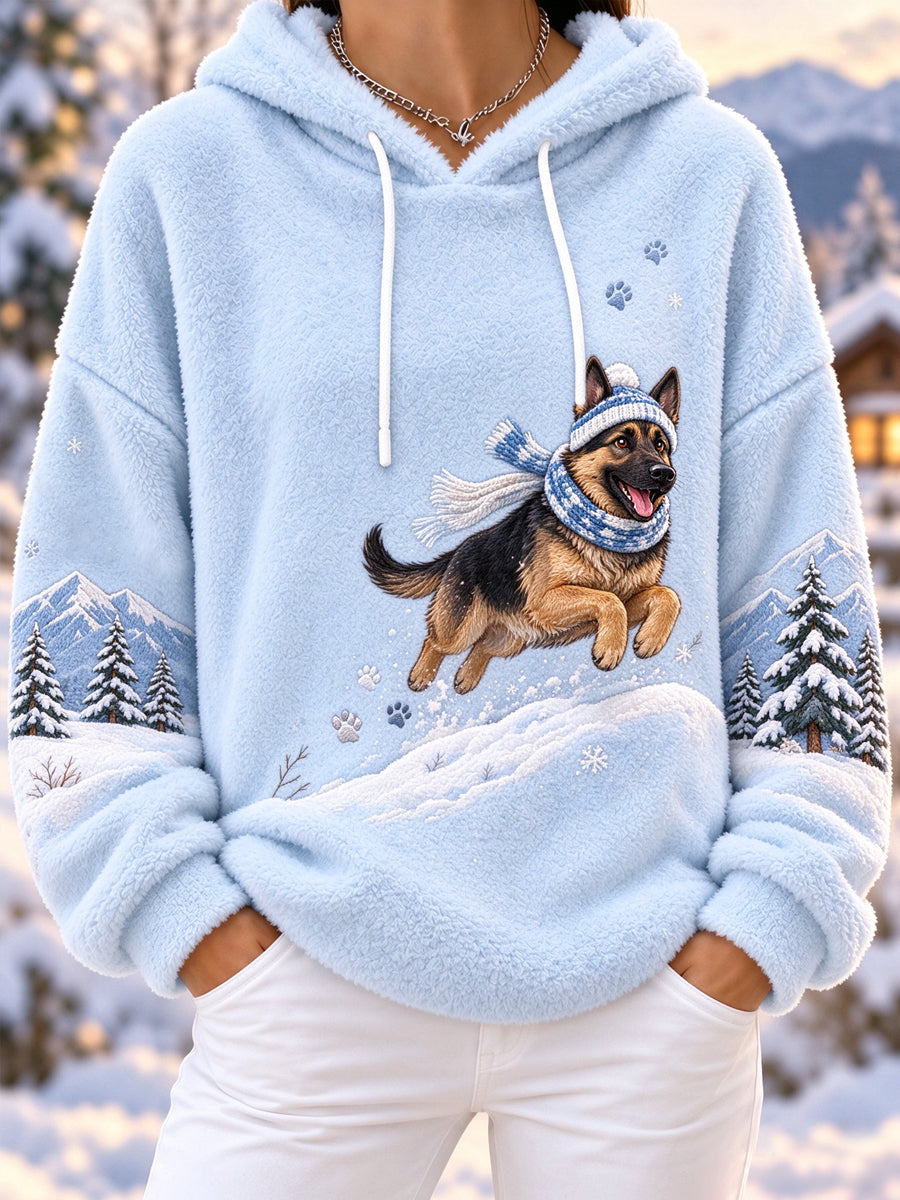 Women's Cute Winter German Shepherd Print Dog Lovers Casual Flannel Hoodie
