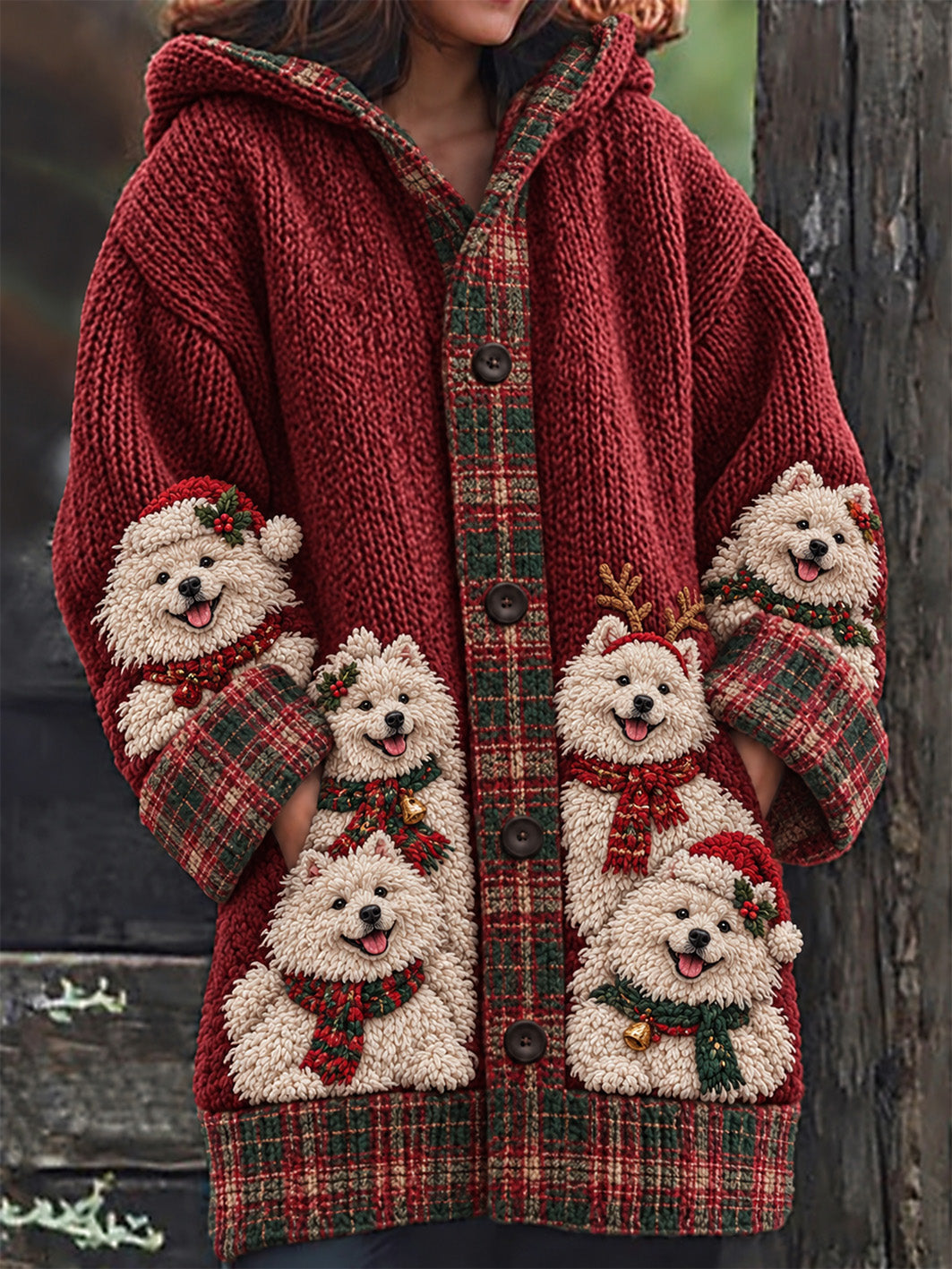Women's Christmas Samoyeds Pattern Checkered Design Casual Composite Fleece Long Coat