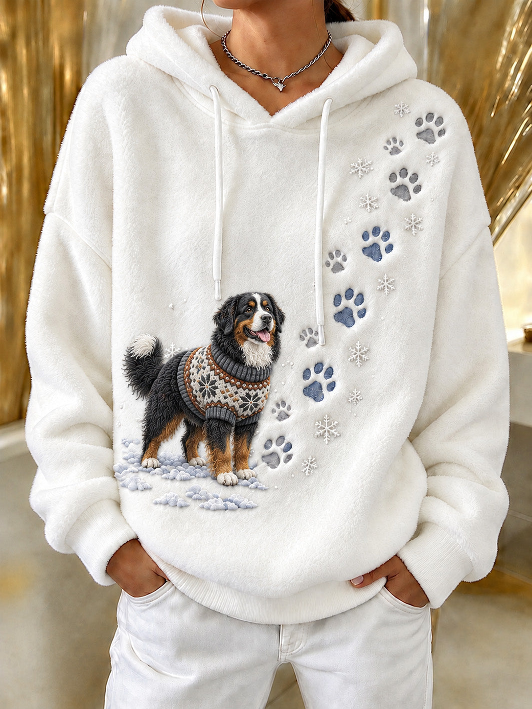 Women's Winter Bernese Mountain Dog Pattern Causal Flannel Hoodie