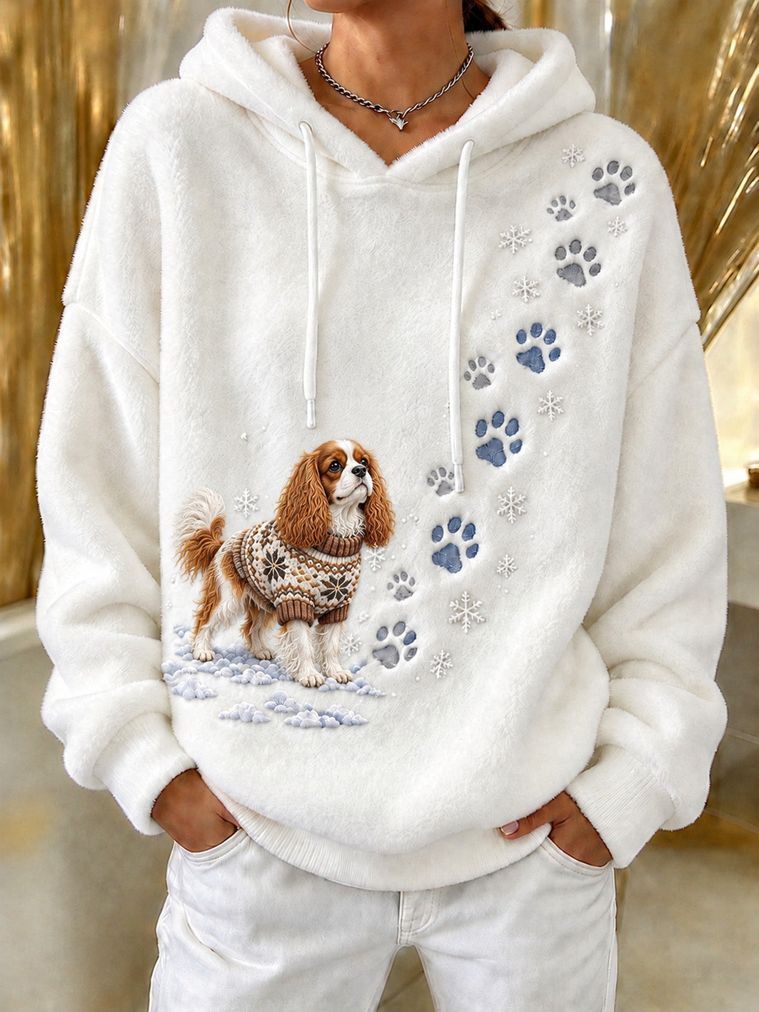 Women's Winter Cavalier King Charles Spaniel Pattern Causal Flannel Hoodie