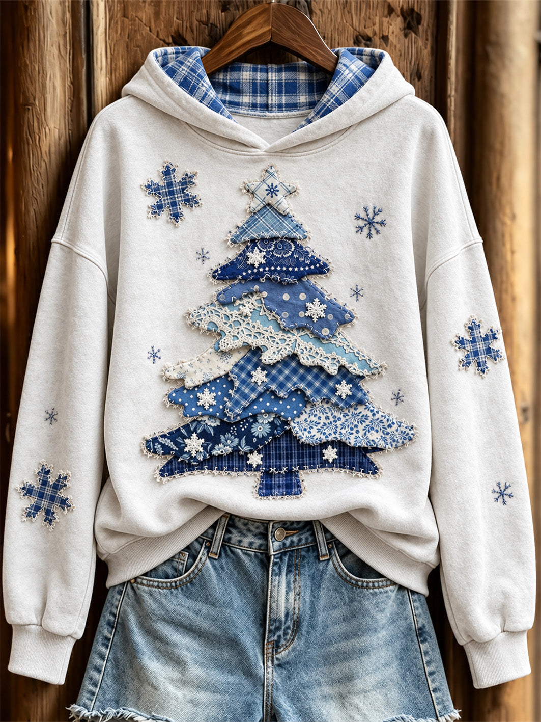 Women's Retro Patchwork Christmas Tree Pattern Casual Hoodie