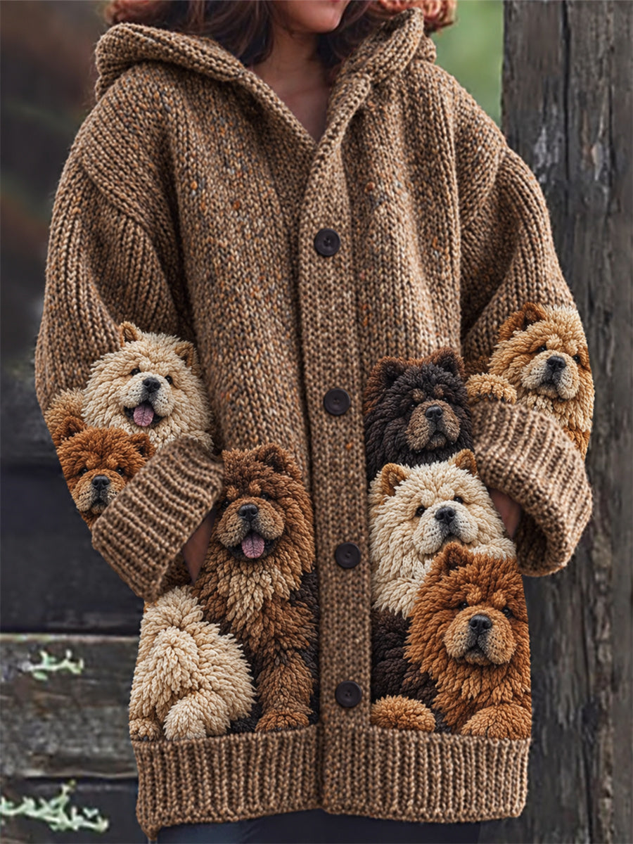 Women's Vintage Crowded Chow Chow Dogs Print Composite Fleece Long Coat