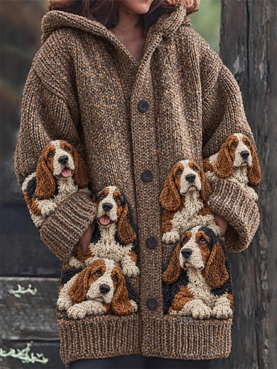 Women's Vintage Crowded Basset Hound Dogs Print Composite Fleece Long Coat