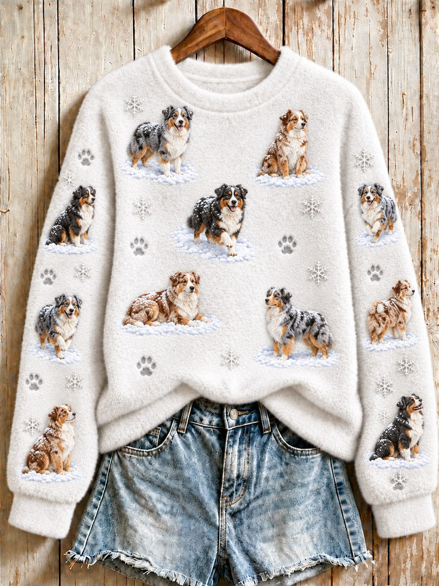 Women's Snowy Winter Australian Shepherd Dogs in the Snow Print Flannel Sweatshirt