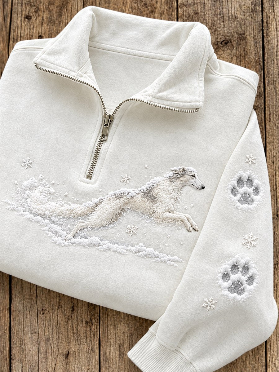 Women's Snowy Winter Wolfhound Dog in the Snow Print Zip Up Sweatshirt