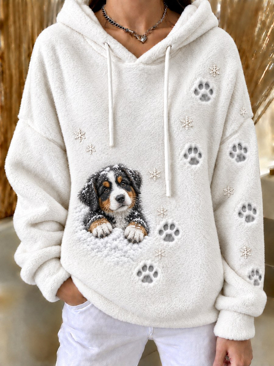 Women's Snowy Winter Peeking Bernese Mountain Dog & Paw Prints Print Flannel Hoodie