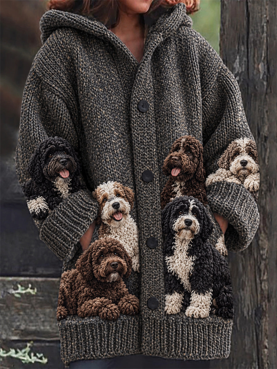 Women's Vintage Crowded Portuguese Water Dogs Print Composite Fleece Long Coat