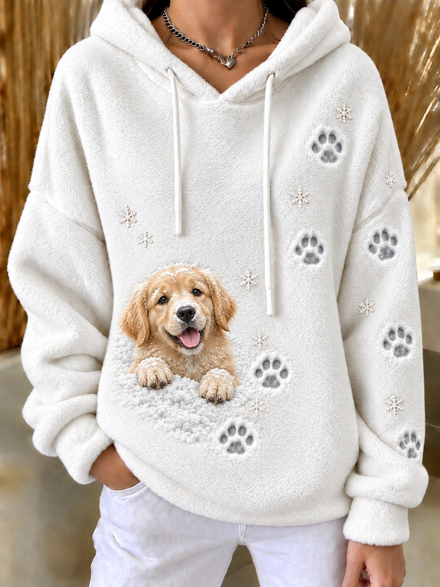 Women's Snowy Winter Peeking Golden Retriever Dog & Paw Prints Print Flannel Hoodie