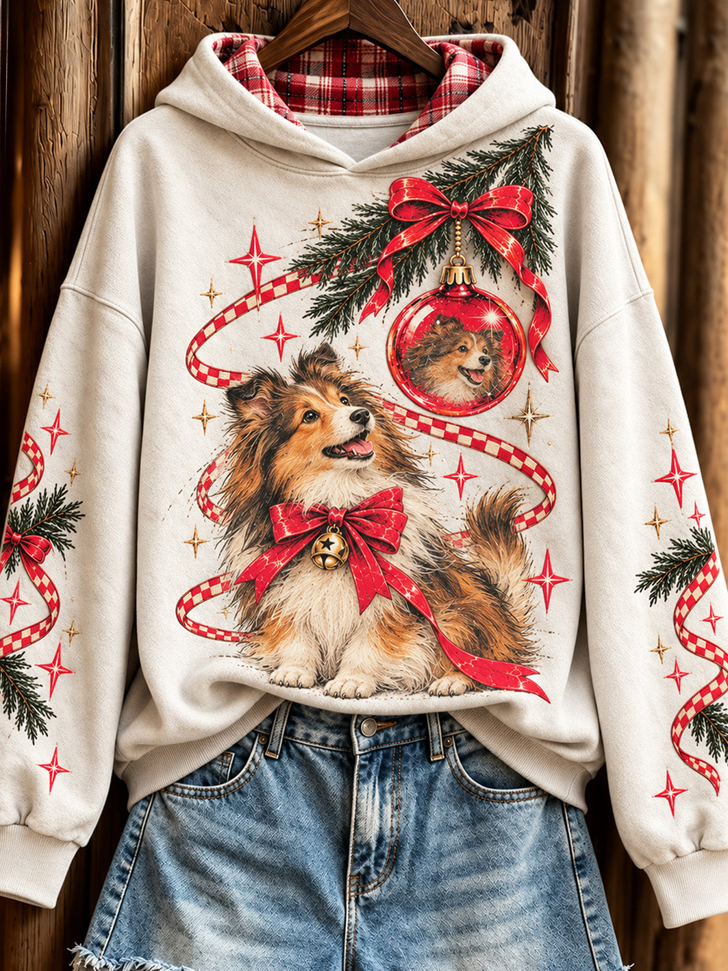 Women's Christmas Shetland Sheepdog pattern casual hoodie