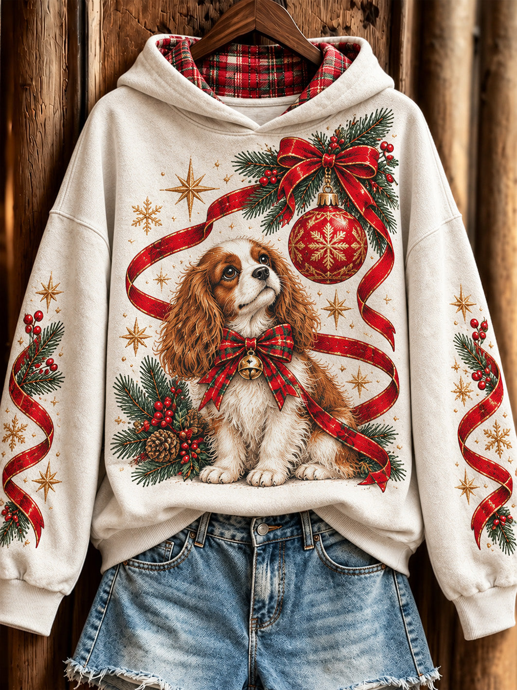 Women's Christmas Cavalier King Charles Spaniel pattern casual hoodie