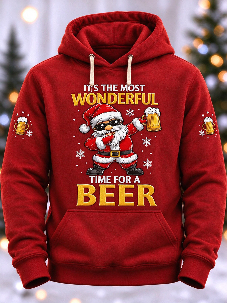Men's Funny Santa Claus It's The Most Wonderful Time For A Beer Print Casual Hoodie