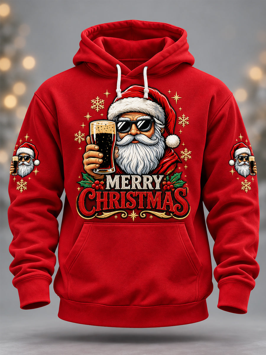 Men's Merry Christmas Funny Santa Claus Cheers Print Casual Hoodie