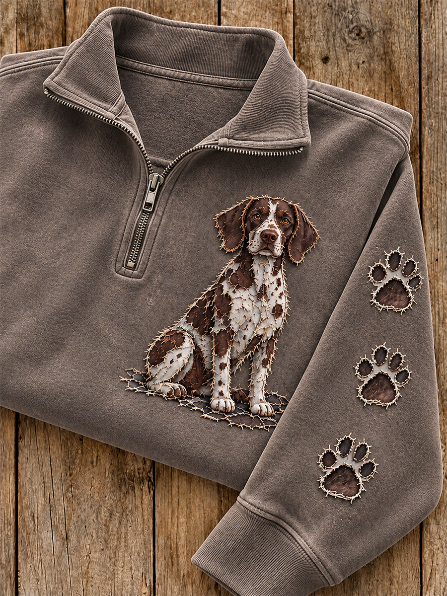 Women's Patchwork Brittany Dog & Paw Print Zip Up Sweatshirt