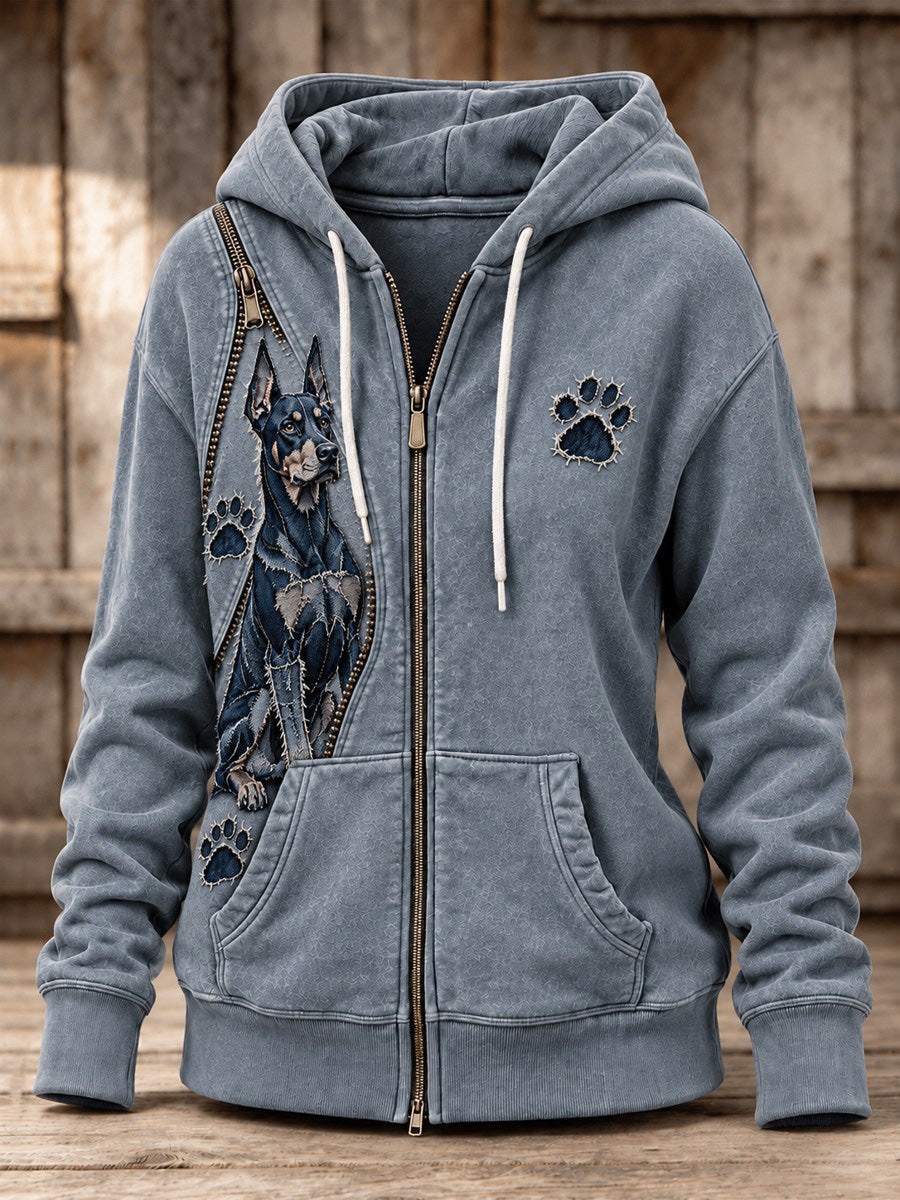 Women's Peeking Doberman Dog & Paw Prints Zipper Patchwork Print Full Zip Hoodie
