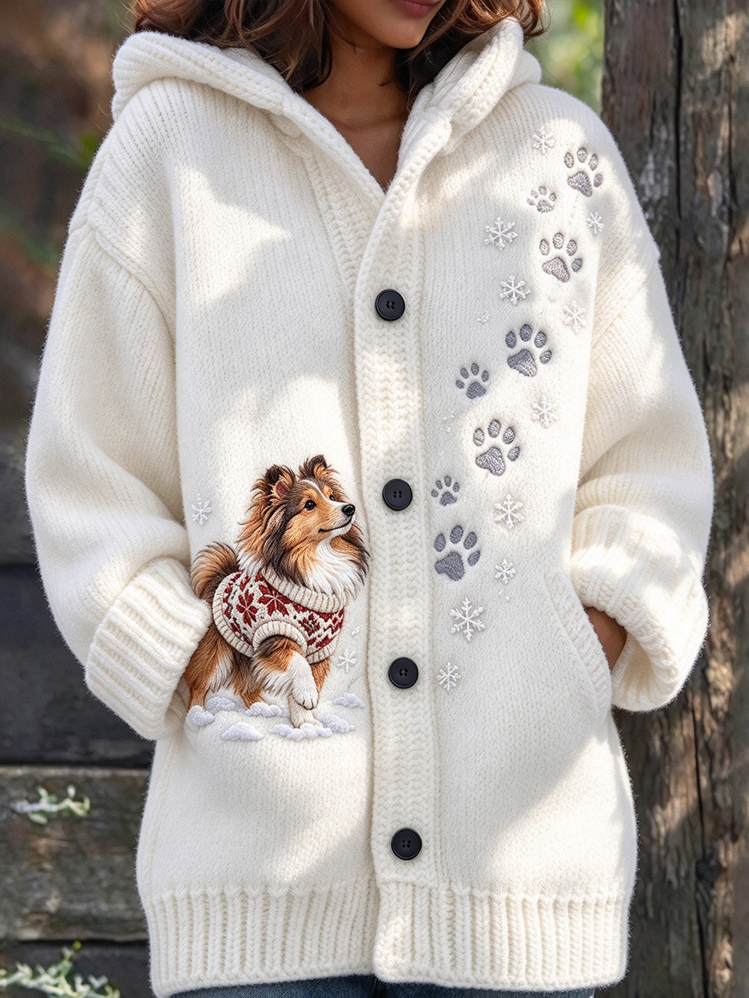 Women's Winter Shetland Sheepdog Pattern Composite Fleece Long Coat