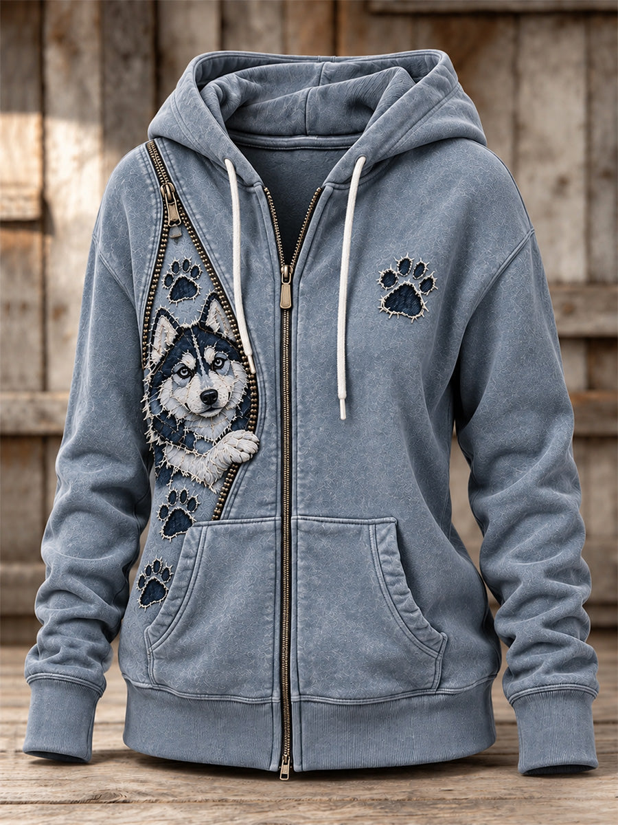 Women's Peeking Husky Dog & Paw Prints Zipper Patchwork Print Full Zip Hoodie
