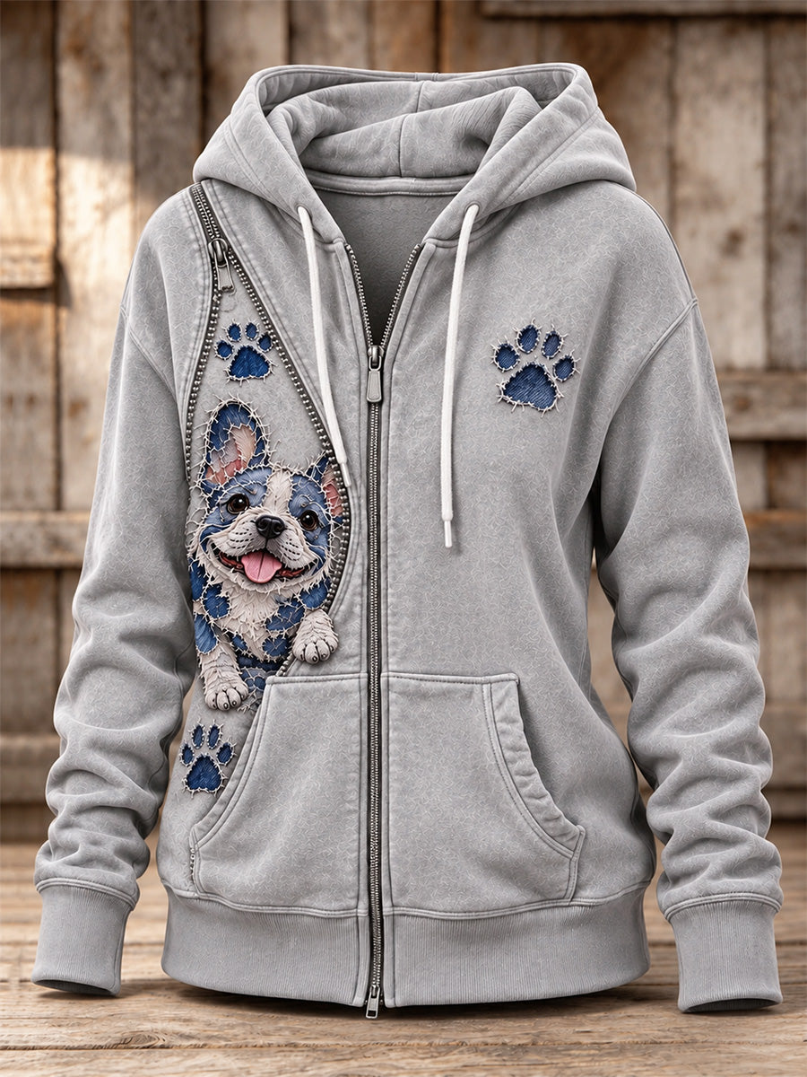 Women's Peeking French Bulldog & Paw Prints Zipper Patchwork Print Full Zip Hoodie