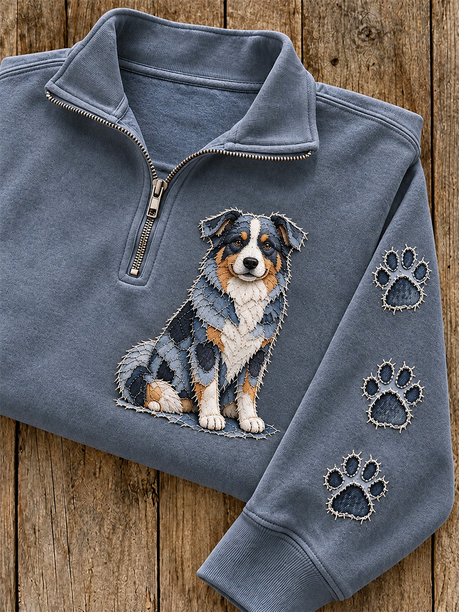 Women's Patchwork Australian Shepherd Dog & Paw Print Zip Up Sweatshirt