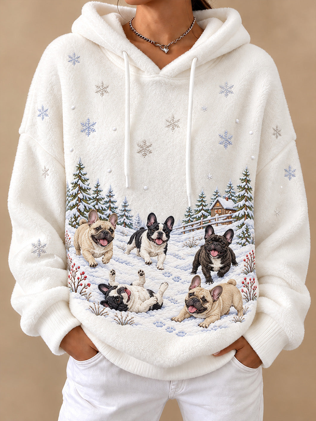 Women's Winter French Bulldogs Pattern Causal Flannel Hoodie
