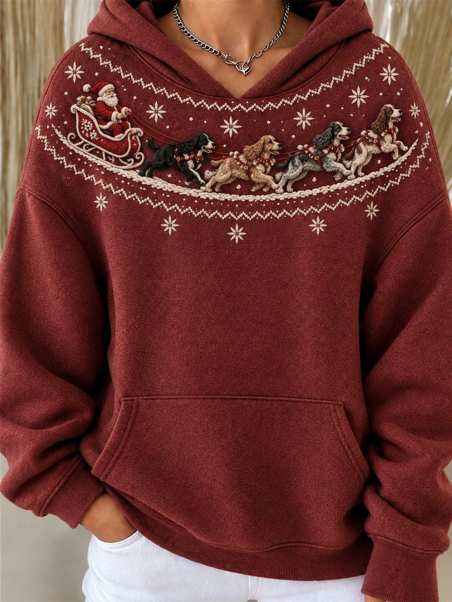Women's Vintage Christmas Santa Claus & Cocker Spaniel Dogs Yoke Isle Print Hoodie