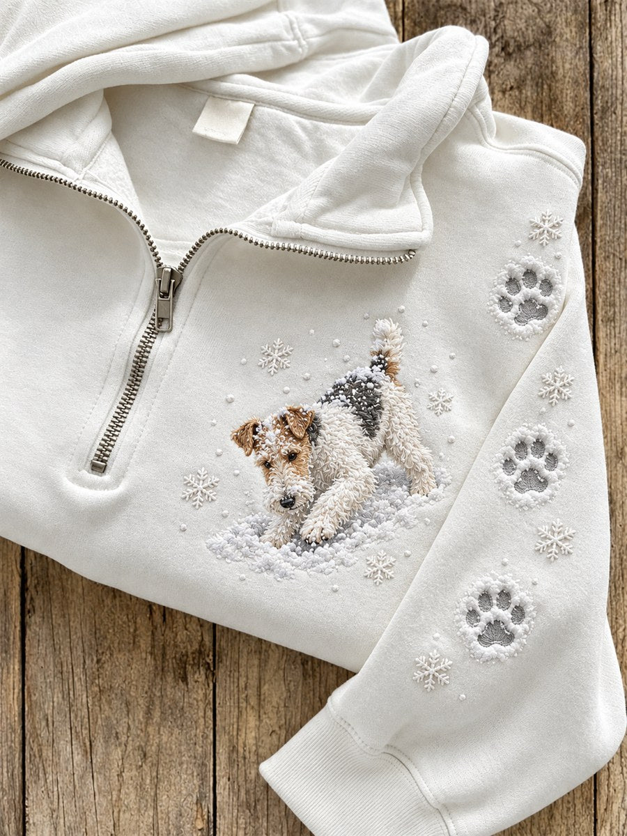 Women's Snowy Winter Wire Fox Terrier Dog in the Snow Print Zip Up Sweatshirt