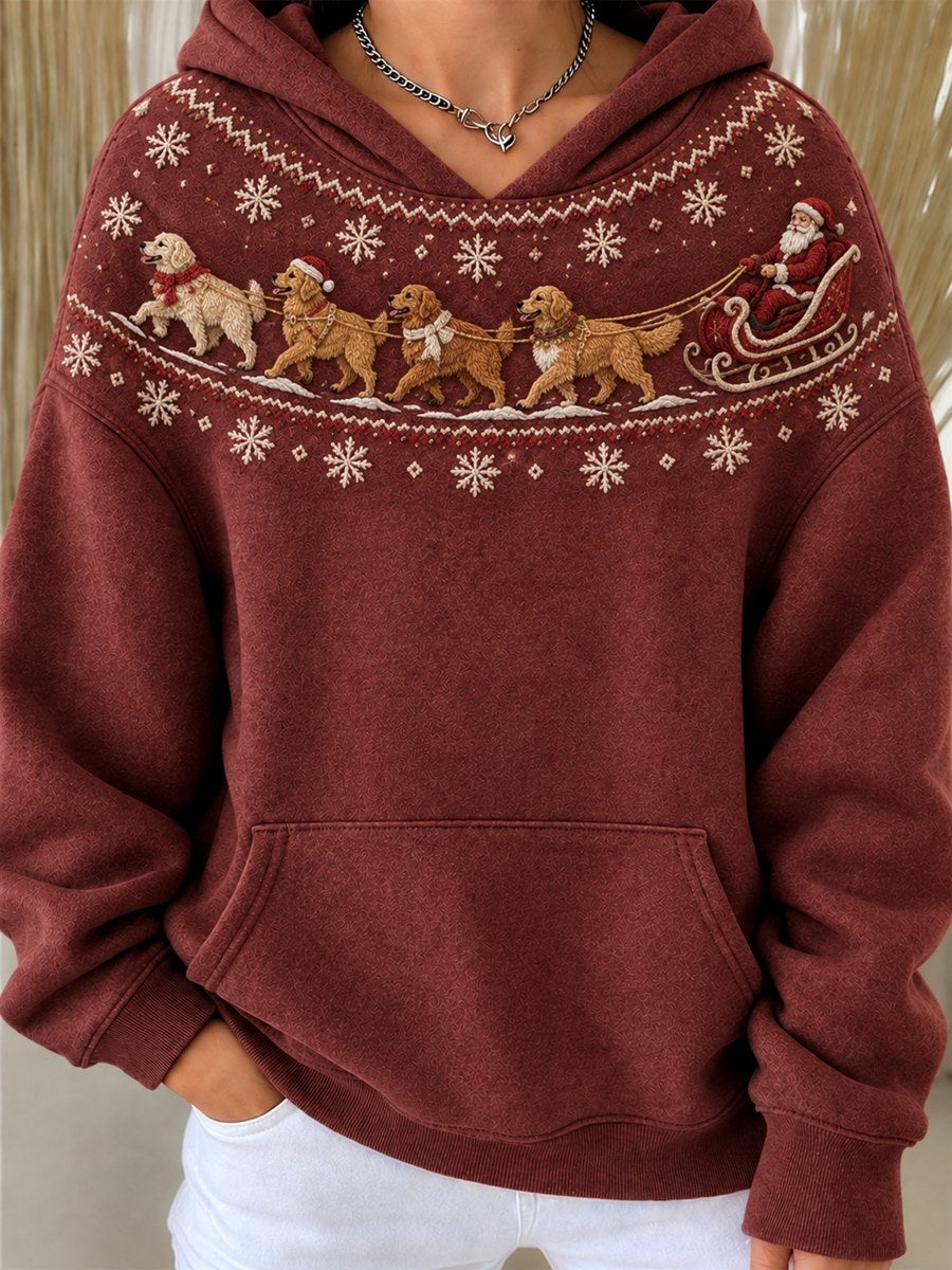 Women's Vintage Christmas Santa Claus & Golden Retriever Dogs Yoke Isle Print Hoodie