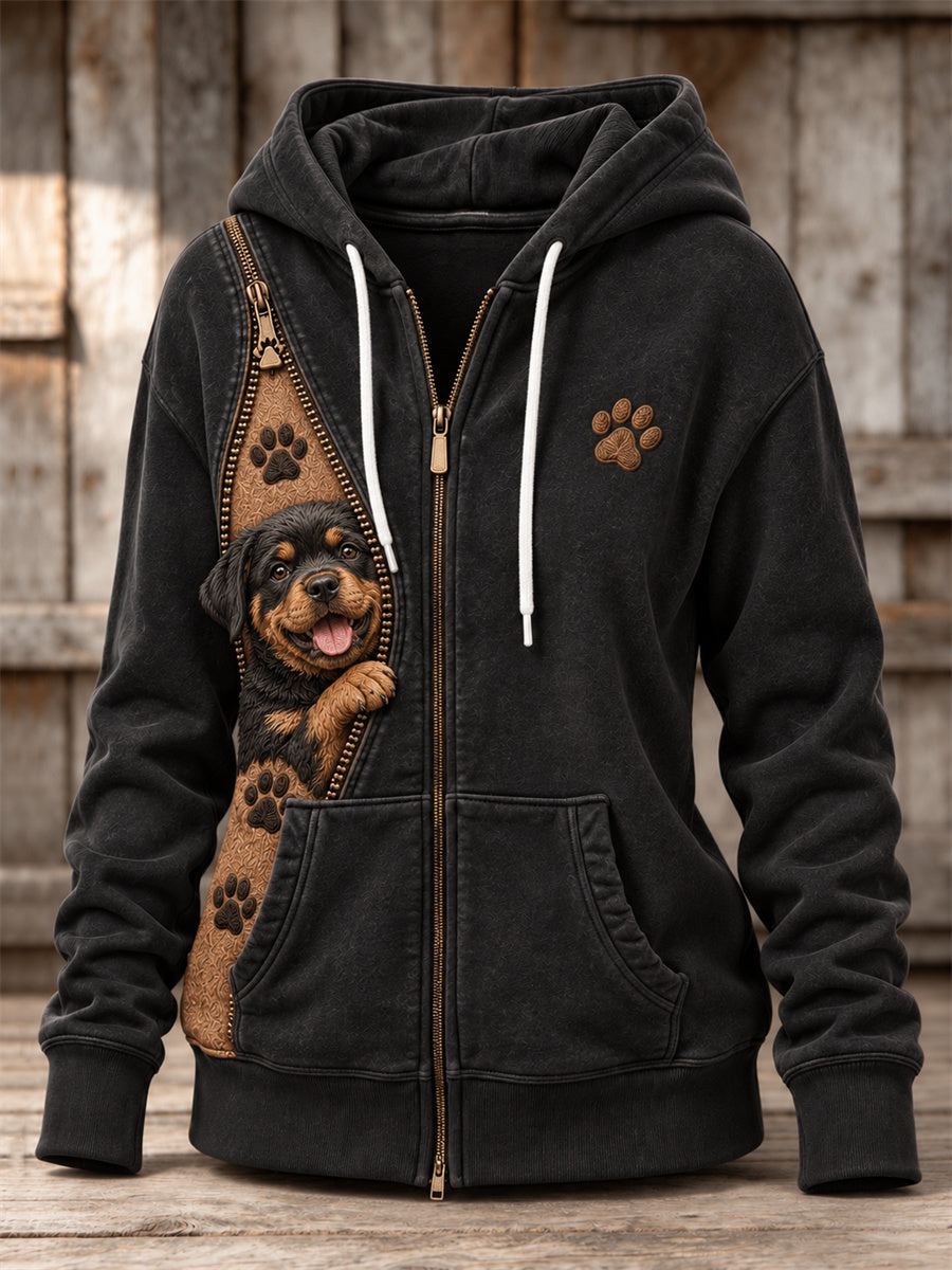 Women's Peeking Rottweiler Dog & Paw Prints Zipper Contrast Color Print Full Zip Hoodie