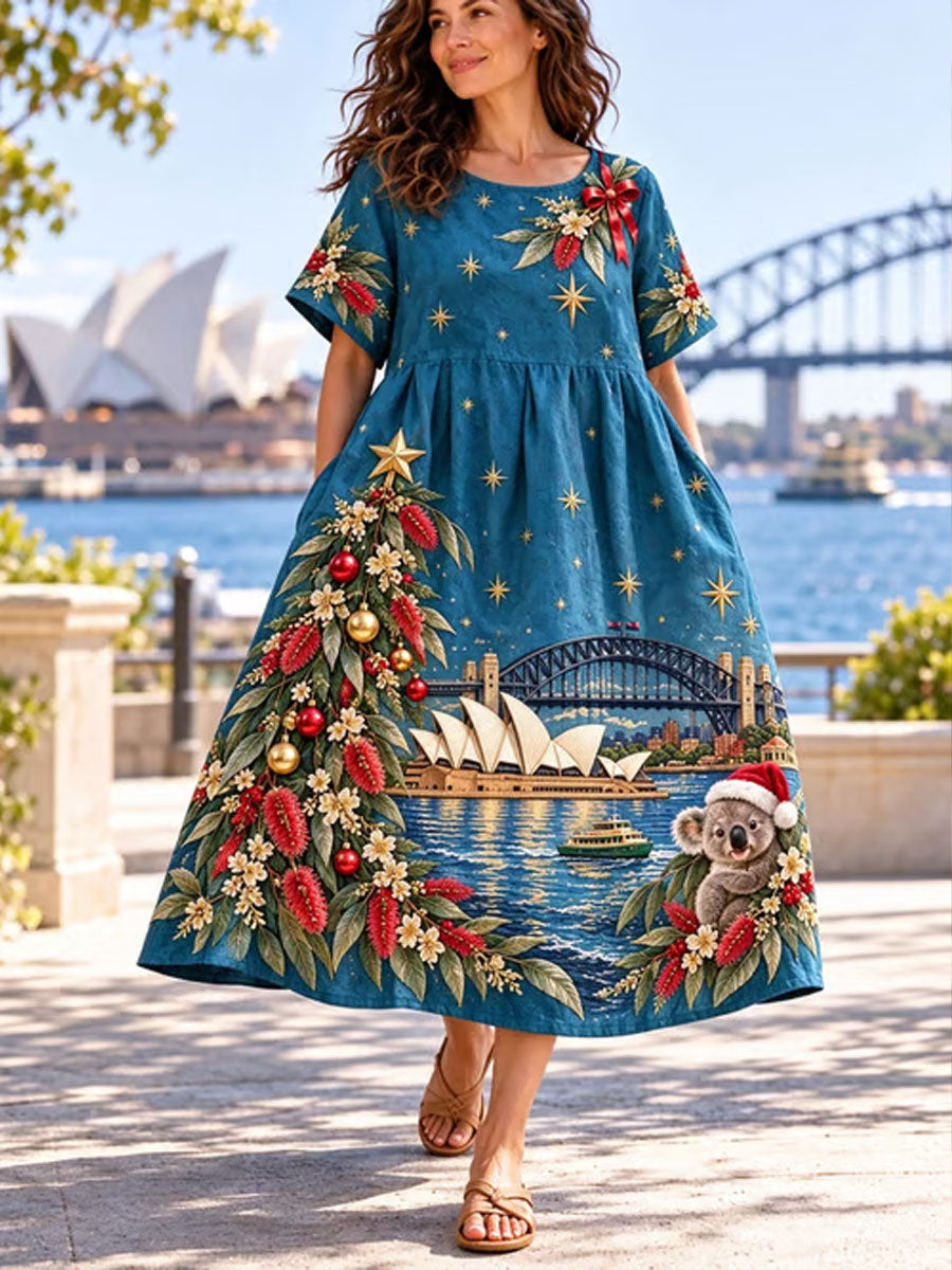 Women's Australian Christmas printed Short Sleeve Dresses