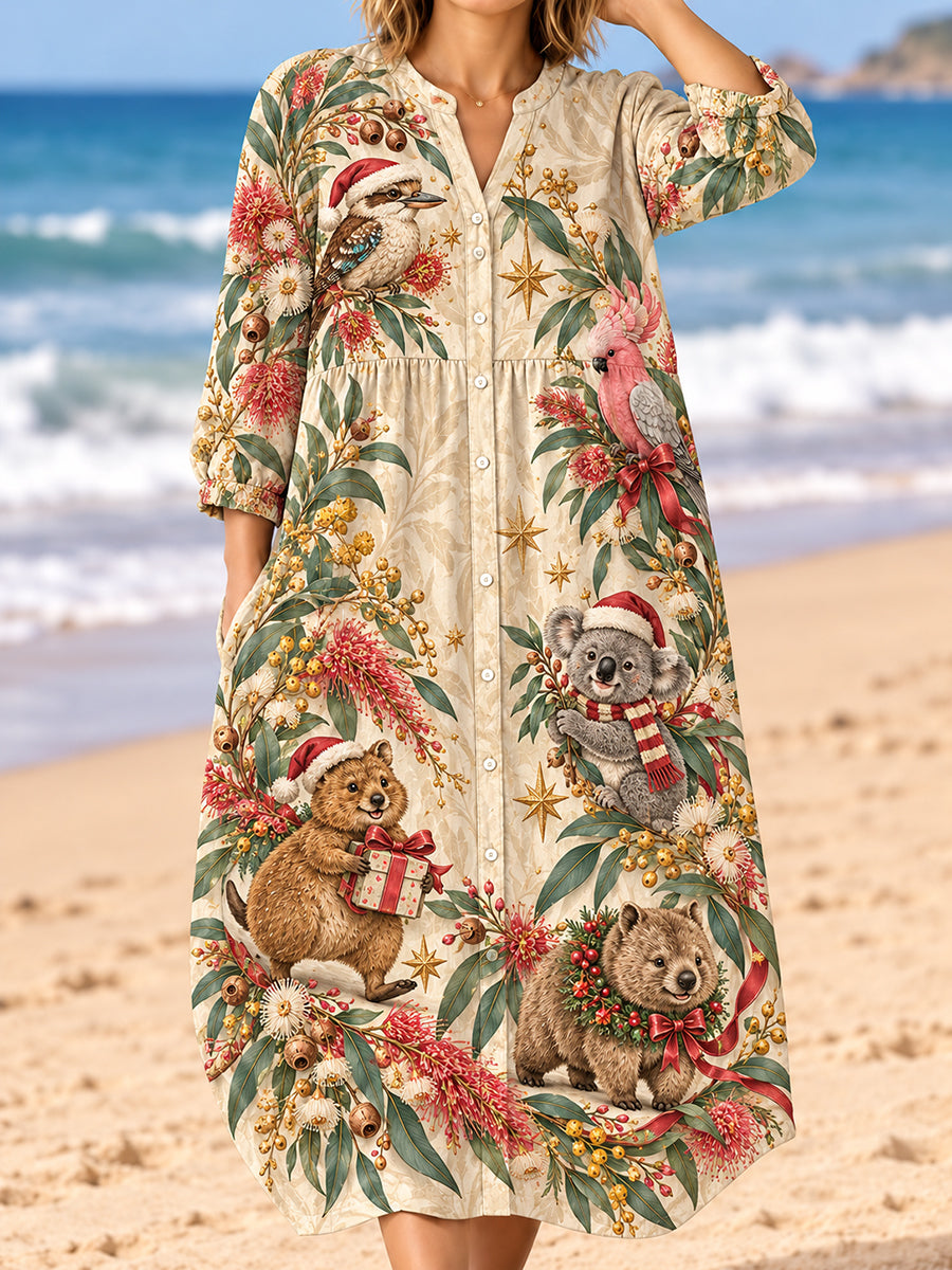 Women's Christmas In Australia Art Print Casual Cotton-Linen Dress