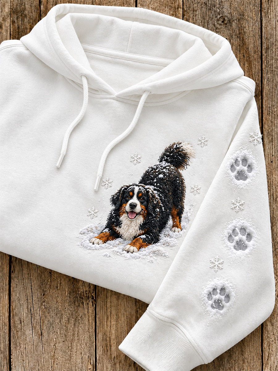 Women's Snowy Winter Bernese Mountain Dog In the Snow Print Hoodie