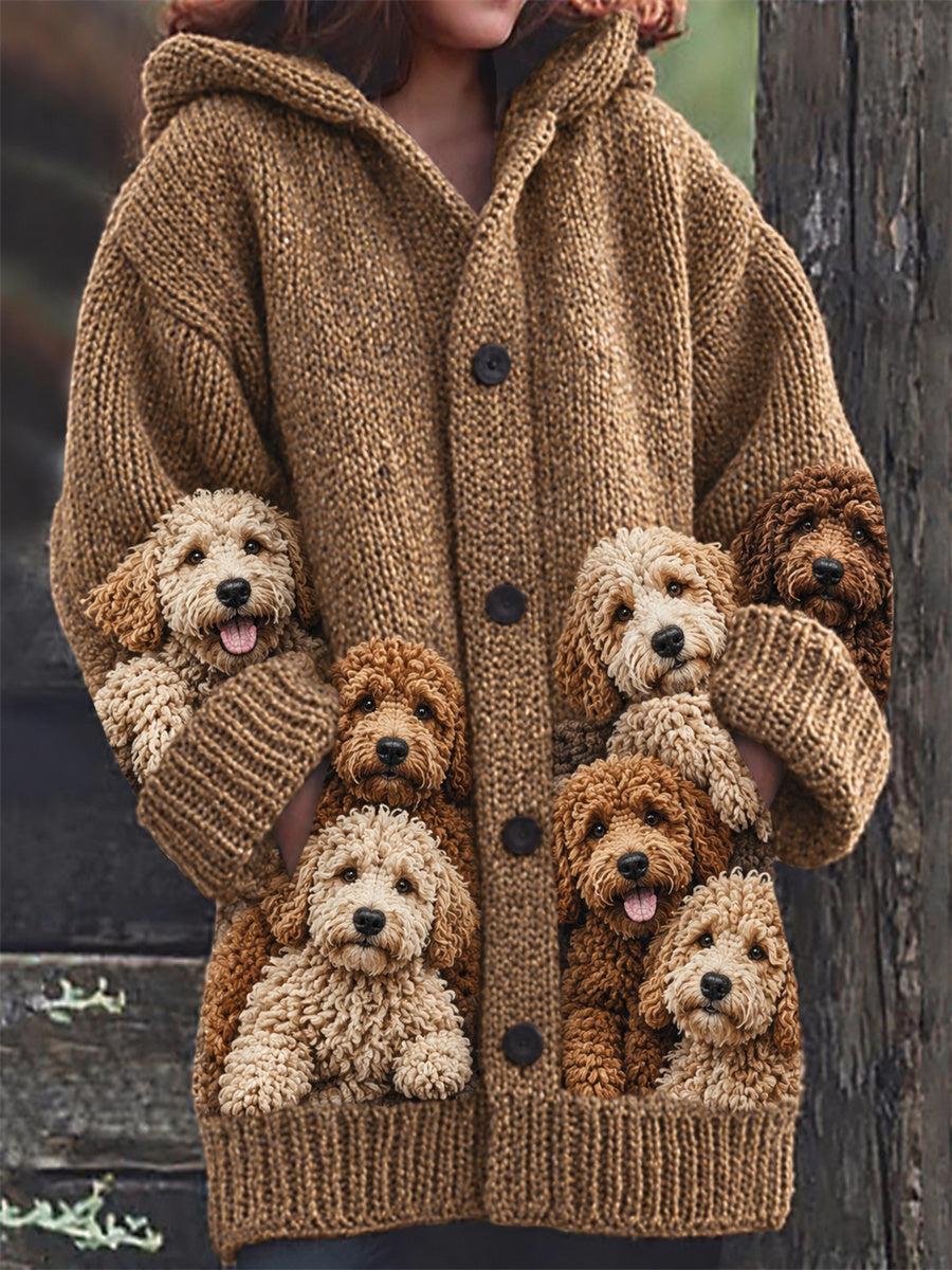 Women's Vintage Crowded Goldendoodle Dogs Print Composite Fleece Long Coat