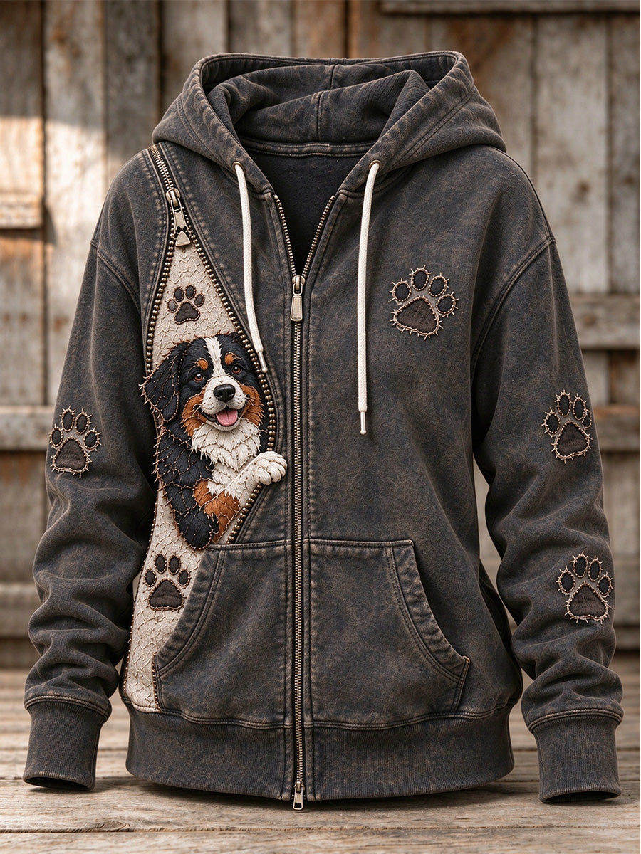 Women's Peeking Bernese Mountain Dog & Paw Prints Zipper Patchwork Print Full Zip Hoodie